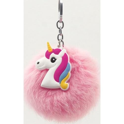 Cute Girls Fluffy Rabbit Fur Anime Unicorn Keychain Women Plush Pom Pom Key Chain On Bag Car Trinket Jewelry Party Friends Gift
