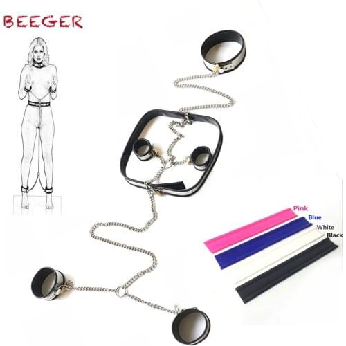 BEEGER Slave Bondage Shackle Set, Slave Neck Collar Handcuffs Wrist Cuffs Leather Ankle Shackles Bondage Restraints With Chain