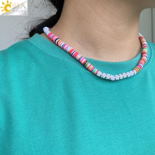 CSJA Colorful Polymer Clay Necklaces for Women 6mm Surfer Disc Beads Short Choker 2020 Soft Necklace Bohemian Jewelry Gifts S747