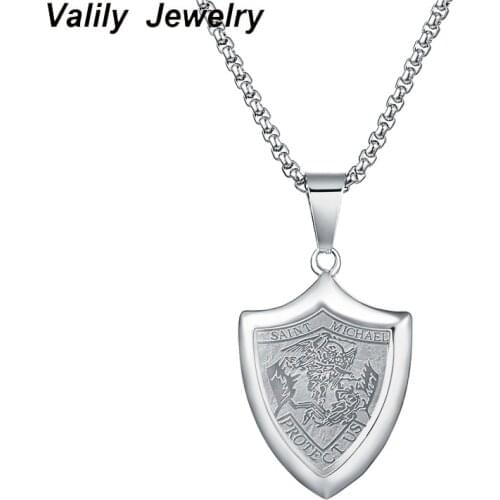 Valily Mens Saint Michael Necklace Stainless Steel Silver St. M Pendant Necklace for Men Women Best Gifts for Men/Women