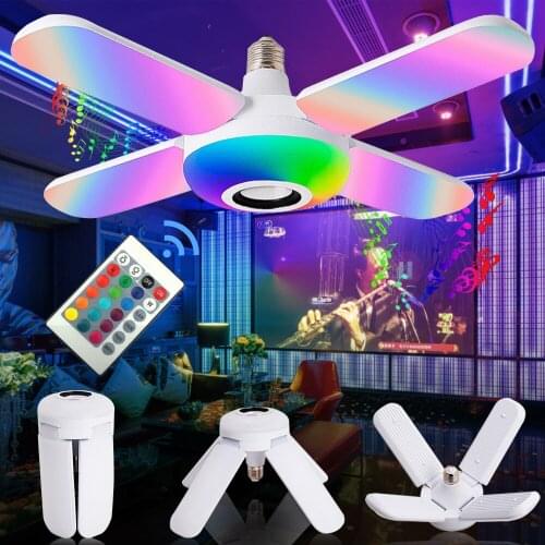RGB Four Leaves Bluetooth Music Light 50W E27 Foldable LED Bulb With Remote Control Bluetooth Smart Speaker Colorful Fan Lamp
