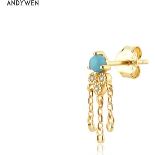 ANDYWEN 925 Sterling Silver Gold Turquoise Zircon CZ Chain Stud Earring Piercing Pendientes Luxury Jewelry Clips For Women Party