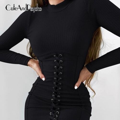 Autumn Basic Skinny Black Womens Dresses Korean Lace-up Casual Long Sleeves Dress Crewneck Mini Dress 90s Fashion Cuteandpsycho