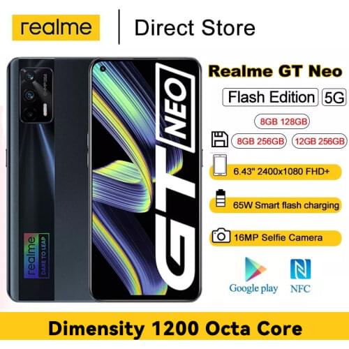 Realme GT Neo 5G Mobile Phone 6.43" FHD+ 120Hz Super AMOLED Dimensity 1200 Octa Core Cellhones 4500mAh 64MP AI Triple Cam