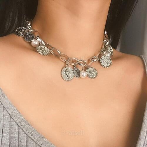 Portrait Retro Carved Coin Vintage Choker Necklace Sun Flower Imitation Pearls Pendant Punk Chain Necklace Jewelry