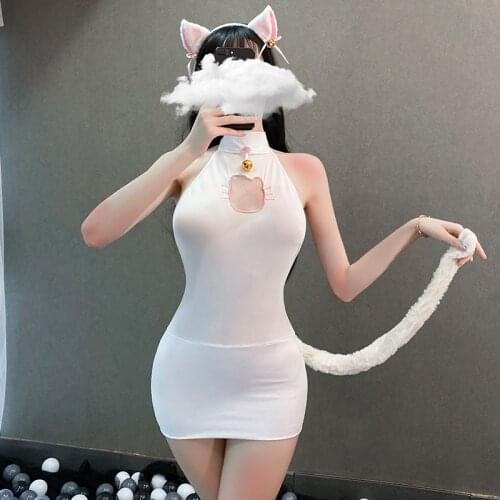 Japanese Sexy Cat Costume for Women Girls White Black Roleplay Stripper Clothes Erotic Anime Lingerie Cosplay Outfit Bunny Suit