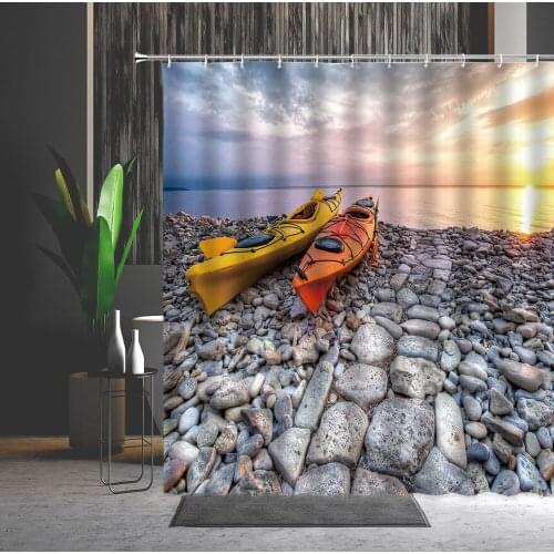 Seaside Scenery Shower Curtain Sunset Ocean Stone Boat Tropical Palm Tree Pattern Paris Iron Tower Creativity Bathroom Curtains