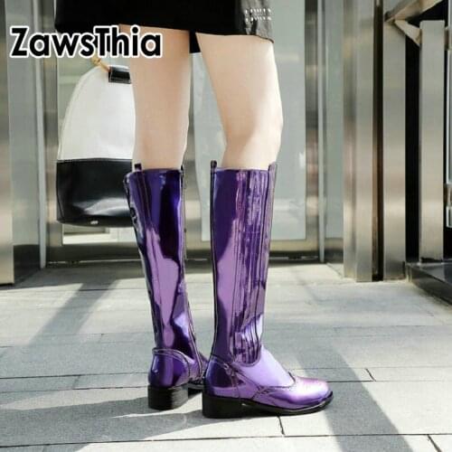 ZawsThia 2020 winter patent PU round toe woman knee-high boots purple yellow women riding equestrian cowgirl loose big boots