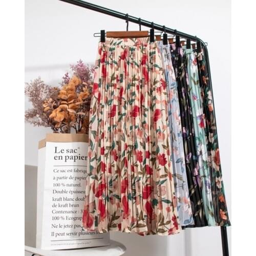 GIGOGOU 2021 Spring Summer Women Floral A Line Skirt Elegant Pleated Midi Skirts Elastic High Waist Tutu Tulle Skirts Female