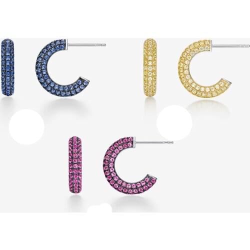 SLJELY Brand Design 925 Sterling Silver Blue Red Yellow U shaped Stud Earrings 5A Zircon CZ Women Girls Fashion Simple Jewelry