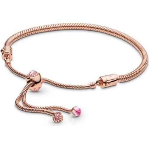 Original 925 Sterling Silver Rose Peach Blossom Flower Sliding Adjust Pan Bracelet Bangle Fit Women Bead Charm Diy Jewelry