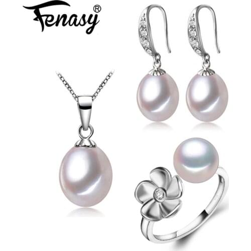 FENASY Natural Pearl Jewelry Sets classic simple 925 Sterling Silver pendant Necklace for women Pearl Earrings and flower rings