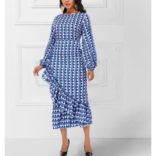 Casual Womens New Lantern Ruffled Large Size Spring Sleeve High Waist Irregular Dress High Street Commuter Dress