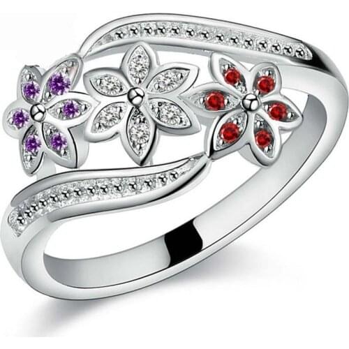 Funny Design Three Color CZ Crystal Flower Ring for Women Girls Fashion 925 Sterling Silver Ring Wedding Lady Jewelry Size 7 8 9