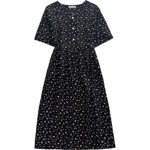 Vintage Korean style temperament V-neck buttoned waist slim floral dress