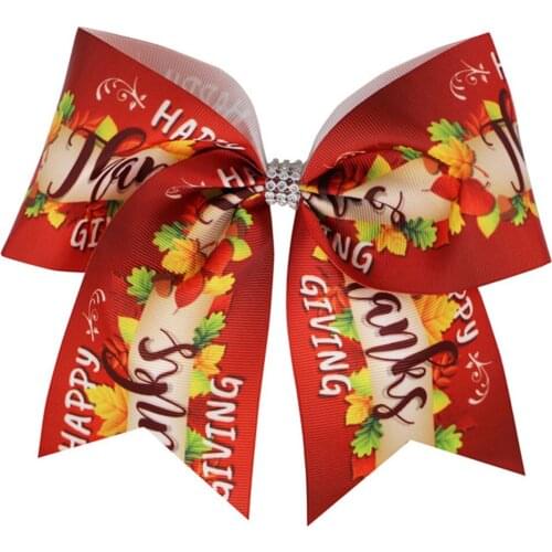 2pcs/ 7.5inch Thanksgiving Cheer Bowkont Pumpkin Maple Leaf Turkey Bows For Girls Kids With Elastic Ponytail Holder Cheerleading