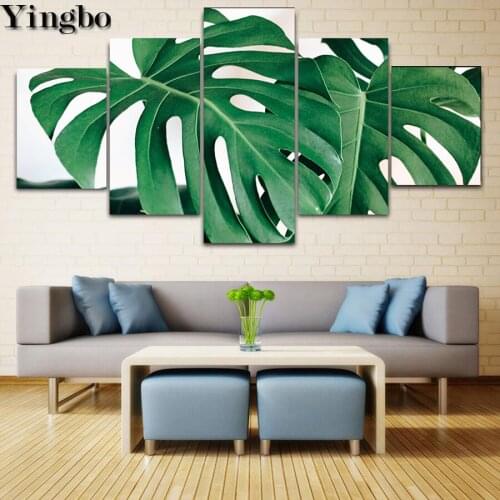 5 Panels Diy Diamond Painting cross-stitch Nordic Green Leaf 5D Full Drill rhinestone Mosaic Diamant Embroidery Beads Wall Art
