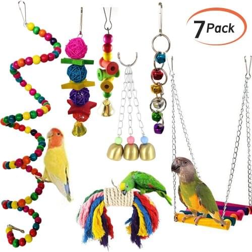 7Pcs/set Pet Parrot Toy Hanging Chewing Bite Rattan Balls Grass Swing Bell Bird Parakeet Cage Accessories Bird Toys Pet Supplies