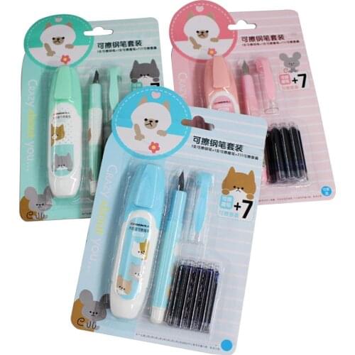 Large Nib Erasable Fountain Pen with 7 Ink Refills School Supplies