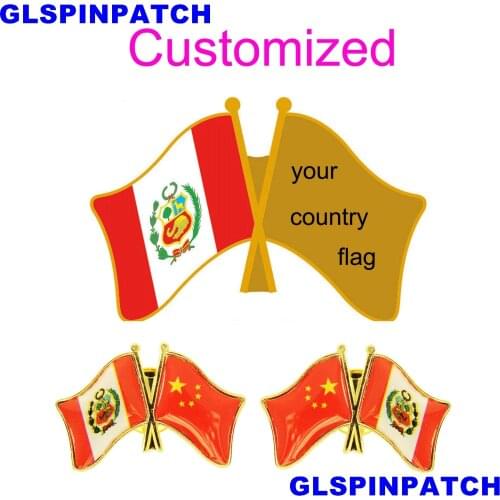 Peru Crossed Friendship Flag Double Country lapel pin Brooch USA UK France Chile Russia Saudi Arabia Japan Spain Badge