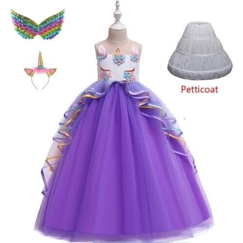 Flower Girls Unicorn Rainbow Wedding Party Dress For Kids Birthday Party Role Dance Performance Long Dress With Headband Wings