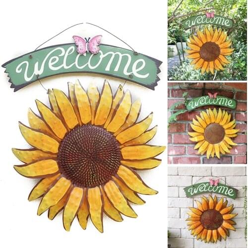 Door Hanging Outdoor Iron Butterfly Sunflower Welcome Sign Garden Painting Retro Wall Art Indoor Home Decor WWO66