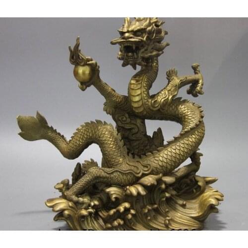 China Brass Copper Fengshui Auspicious Carved Fly Water Dragon Hold Bead Statue