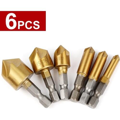 HOEN 6pcs Drill Bit Round shank 5 Flute HSS Hard Metals natural color Five Edge Chamfer Chamfering End Mill Cutter Countersink