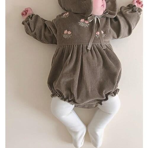 Infant Baby Girls Jumpsuit Vintage Embroidered Corduroy Korean Style Spring Autumn Baby Clothes Toddler Baby Girl Romper+Hat