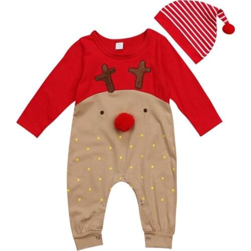 2PCS Newborn Baby Romper 2019 New Baby Girl Boy Christmas Reindeer Clothes Jumpsuits Autumn Winter Warm Long Sleeve Rompers+Hat