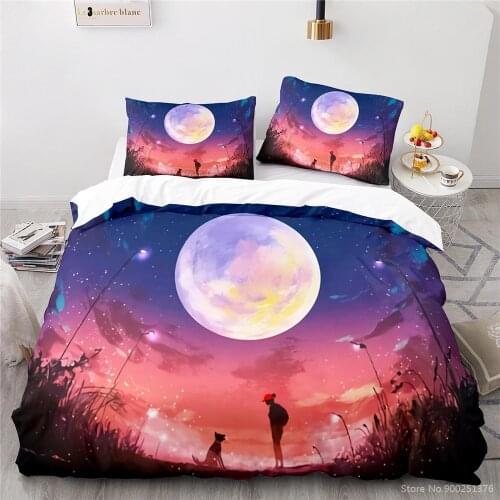 3D Printed Oil Painting Girl Dog Moon Bedding Set Comforter Cover Pillowcase Set Soft Duvet Cover Set Twin Full Queen King Size