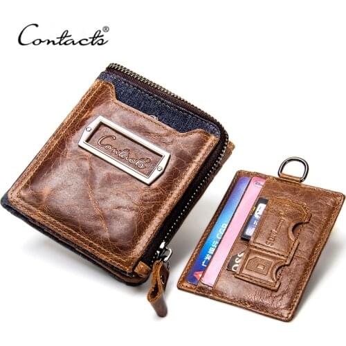 CONTACTS Genuine Cow Leather Men Organizer Wallets With Coin Purse Card Holder Small Zipper Wallet For Men Clutch Short Purses