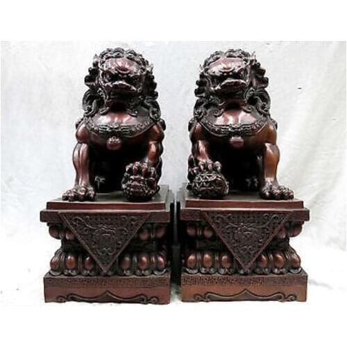 43cm Red Bronze sculpture China carved Town house Foo Dogs Lions pair copper Statue