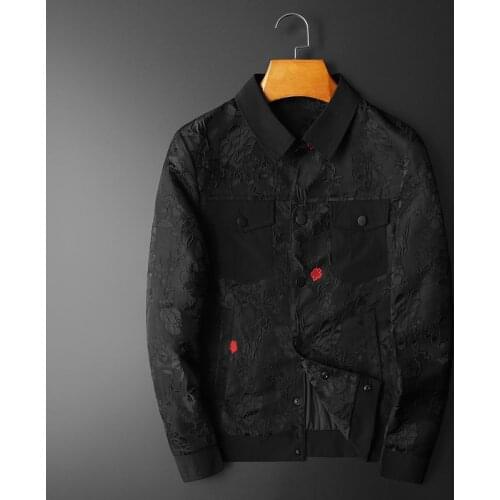 2021 Bomber Print Jacket Men Spring Lapel Black High Quality Jacquard Mens Outer Jacket Red Flower Jacket Vintage Bomber Jacket