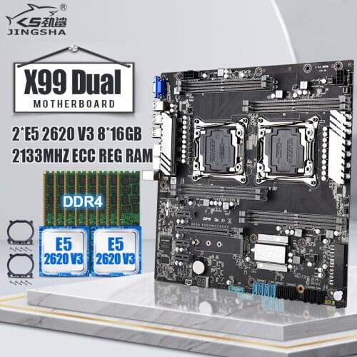 Jingsha X99 dual CPU motherboard with Xeon 2*E5 2620V3 CPU and 8*16GB=128GB DDR4 ECC REG RAM support 8-channel 2133mhz RAM