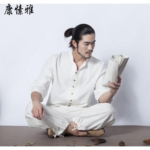 Men Yoga Wear Cotton Linen Seven Cuff Yoga Top Wide Leg Loose Martial Arts Suit Tai Chi Uniform Meditation Kung Fu Yoga Suit