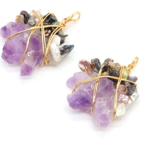 Natural Stone Pendants Reiki Heal Gold Color Wire Wrap Amethysts Charm Crystal for Jewelry Making DIY Necklace Earrings