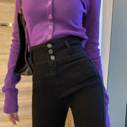 New High Waist Three Buttons Jeans Women Skinny Fashion Korean Denim Pencil Pants Stretch Slim All-match Casual Denim Trousers