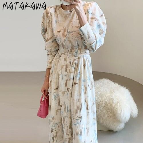 MATAKAWA French Elegant Round Neck Woman Dress Korean Chic Print Lace-up Vestidos Slim Waist Lantern Sleeve Dresses Women