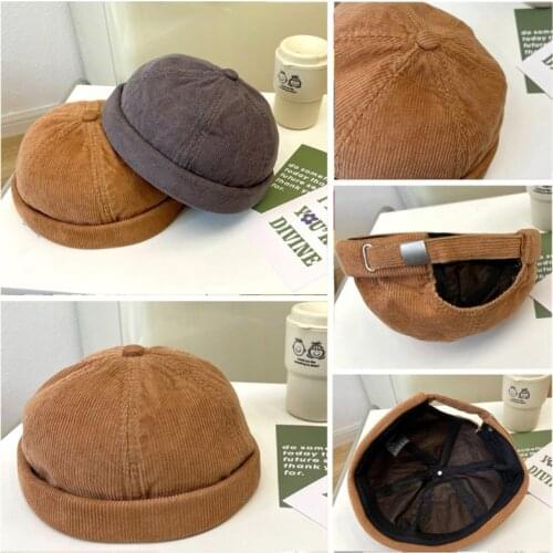 Retro Corduroy Brimless Hat Beanie Sailor Hat Outdoor w/ Adjustable Worker Hat DXAA