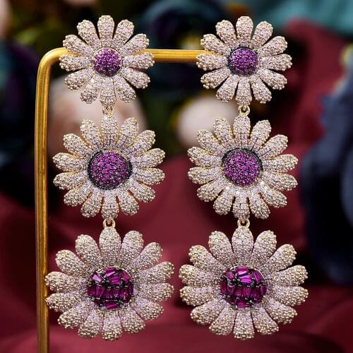 Luxury Bridal Long Big Sun Flowers Drop Pendant Earrings For Women Statement Noble Shiny Crystal Charms Earrings Jewelry 2020