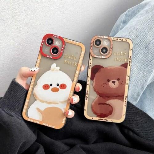 Cute Couple Transparent Phone Case For iPhone 12 11 Pro Max 7 8 Plus XR X XS Cartoon Duck Bear Shockproof Soft Case Bag Cover