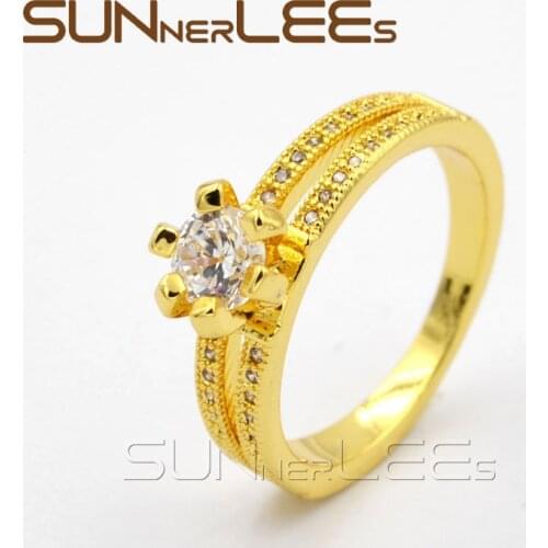 SUNNERLEES High Quality New Fashion Jewelry Women Girl Engagement Wedding Party Gift Clear Cubic Zirconia Gold-Color Rings R44 Y