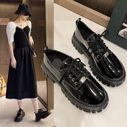Womens Flat Shoes Retro Patent Leather Round Toe Platform Lace-up Oxfords