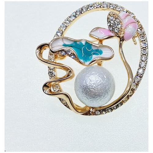 Vanssey Vintage Fashion Pink Flower Lotus Bud Oval Enameled Gold Tone Brooch Pin Accessories for Women