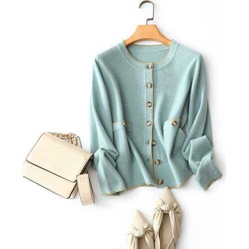 2020 spring autumn new style Morandi green long sleeve buttons crew neck superior 100% cashmere sweater cardigan for women