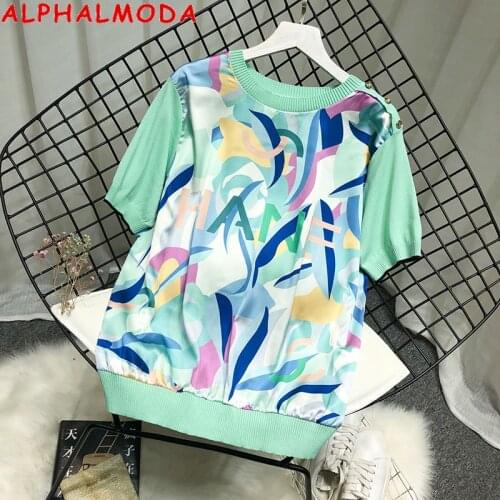 ALPHALMODA New Arrived Women Stylish Printed Tshirt Short-sleeved Thin Knitted Summer Fashion Satin Patchwork Sweater Top