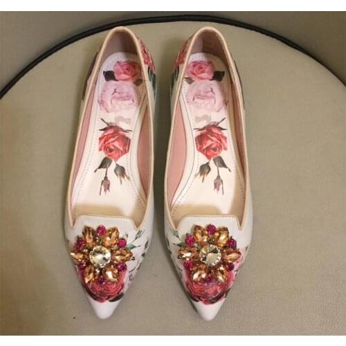 Womens rhinestone pointed toe flat shoes fashion floral print Flats real leather ballets flats Eu35-41 size BY613