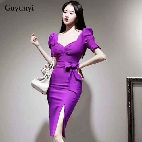 Purple High Waist Tight Office Dress 2021 Summer Simple V-Neck Puff Sleeve Hem Side Slit French Style Elegant Party Dress Women