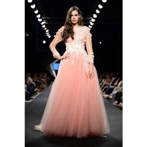 Pink Evening Dress 2019 Scoop Appliques Elegant Plus Size Formal Dress With Long Sleeves Floor Length vestido de noche